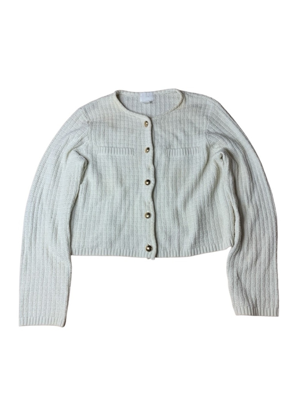 H&M Cream Textured Knit Cropped Cardigan with Gold Buttons - Size M